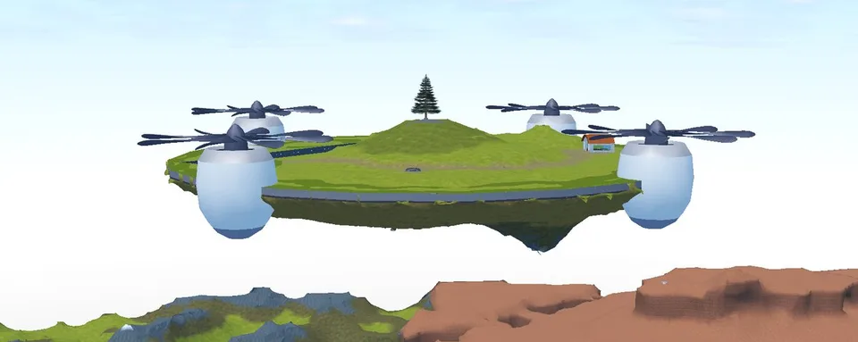 The Flying Island in Plane Crazy, a grass platform held up by four propeller pods, with a pine tree, a small house, and canyon terrain below.
